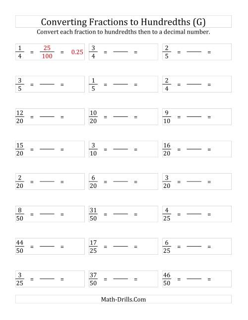 The Converting Fractions to Hundredths (G) Math Worksheet