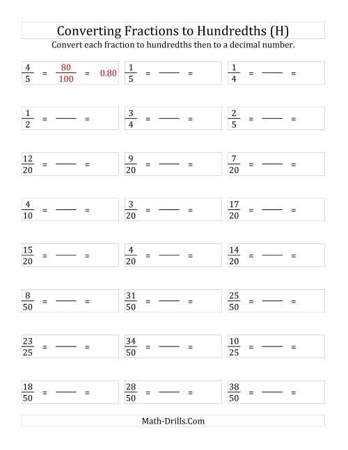 The Converting Fractions to Hundredths (H) Math Worksheet