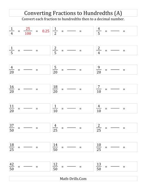 The Converting Fractions to Hundredths (All) Math Worksheet