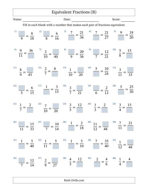 The Equivalent Fractions with Blanks (Multiply Right or Divide Left) (B) Math Worksheet
