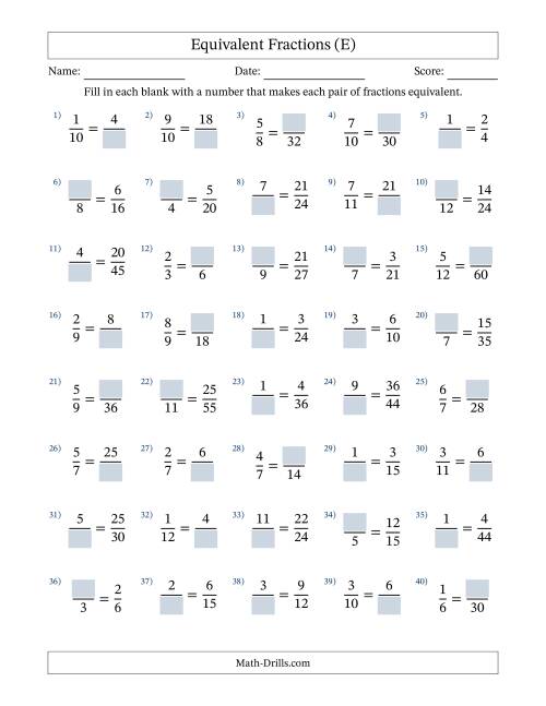 The Equivalent Fractions with Blanks (Multiply Right or Divide Left) (E) Math Worksheet