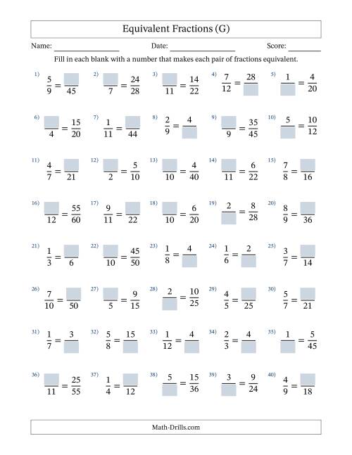 The Equivalent Fractions with Blanks (Multiply Right or Divide Left) (G) Math Worksheet
