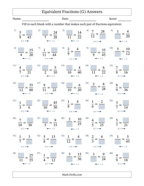 The Equivalent Fractions with Blanks (Multiply Right or Divide Left) (G) Math Worksheet Page 2