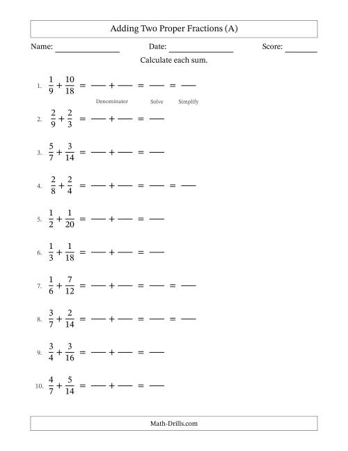 The Adding Two Proper Fractions with Similar Denominators, Proper Fractions Results and Some Simplifying (Fillable) (A) Math Worksheet