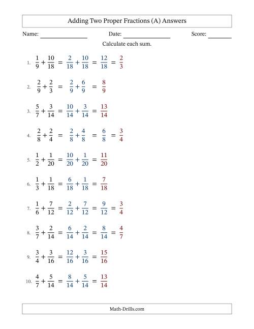 The Adding Two Proper Fractions with Similar Denominators, Proper Fractions Results and Some Simplifying (Fillable) (A) Math Worksheet Page 2