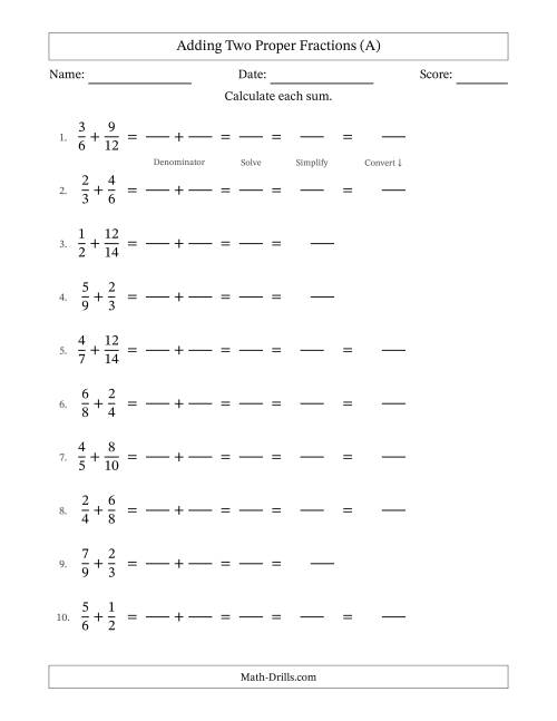 The Adding Two Proper Fractions with Similar Denominators, Mixed Fractions Results and Some Simplifying (Fillable) (A) Math Worksheet