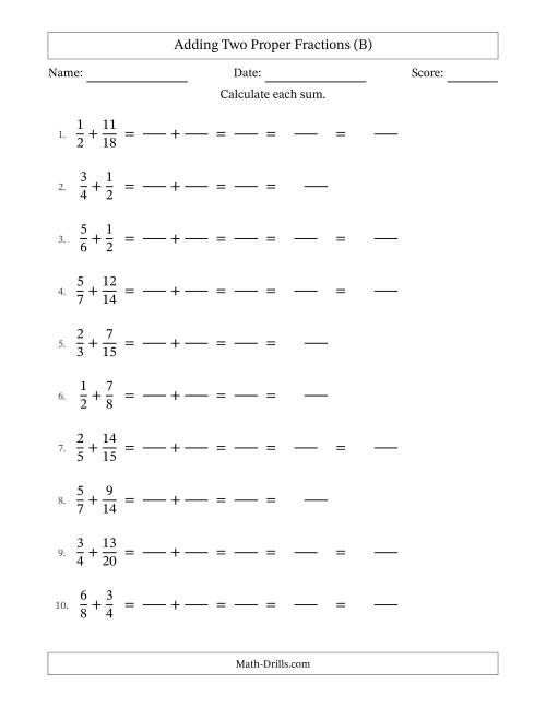 The Adding Two Proper Fractions with Similar Denominators, Mixed Fractions Results and Some Simplifying (Fillable) (B) Math Worksheet