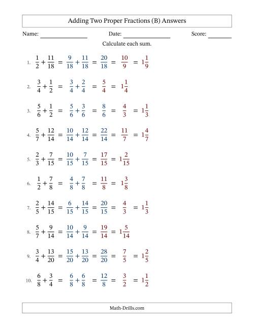 The Adding Two Proper Fractions with Similar Denominators, Mixed Fractions Results and Some Simplifying (Fillable) (B) Math Worksheet Page 2