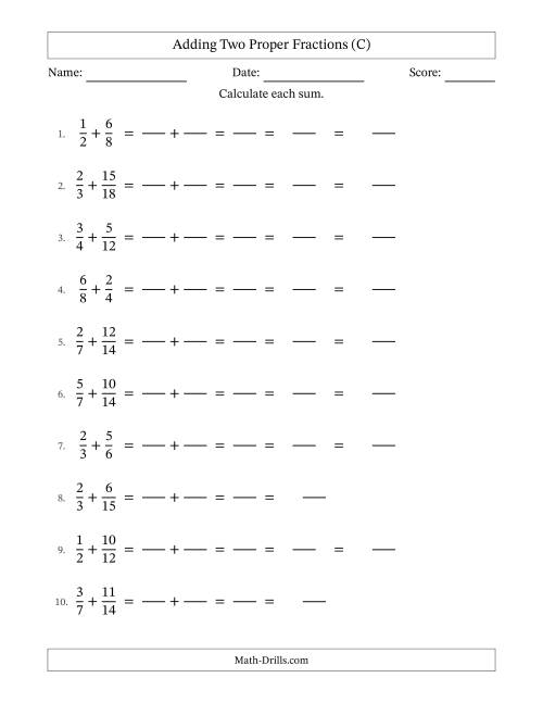 The Adding Two Proper Fractions with Similar Denominators, Mixed Fractions Results and Some Simplifying (Fillable) (C) Math Worksheet