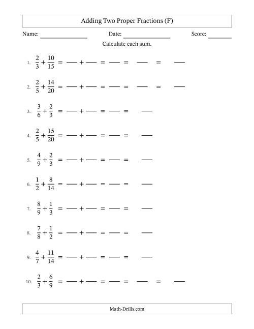 The Adding Two Proper Fractions with Similar Denominators, Mixed Fractions Results and Some Simplifying (Fillable) (F) Math Worksheet