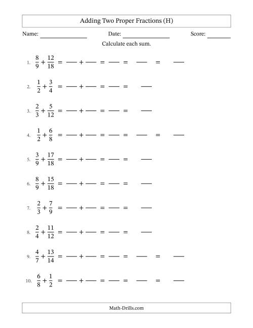 The Adding Two Proper Fractions with Similar Denominators, Mixed Fractions Results and Some Simplifying (Fillable) (H) Math Worksheet
