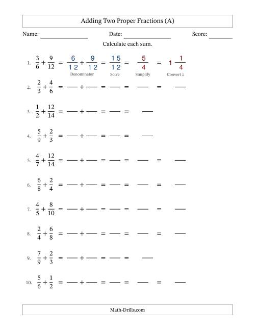 The Adding Two Proper Fractions with Similar Denominators, Mixed Fractions Results and Some Simplifying (Fillable) (All) Math Worksheet