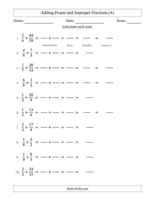 The Adding Proper and Improper Fractions with Similar Denominators, Mixed Fractions Results and Some Simplifying (Fillable) (A) Math Worksheet