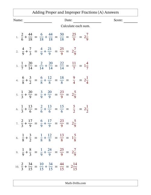 The Adding Proper and Improper Fractions with Similar Denominators, Mixed Fractions Results and Some Simplifying (Fillable) (A) Math Worksheet Page 2