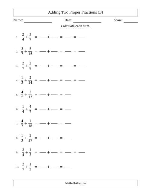 The Adding Two Proper Fractions with Unlike Denominators, Proper Fractions Results and Some Simplifying (Fillable) (B) Math Worksheet