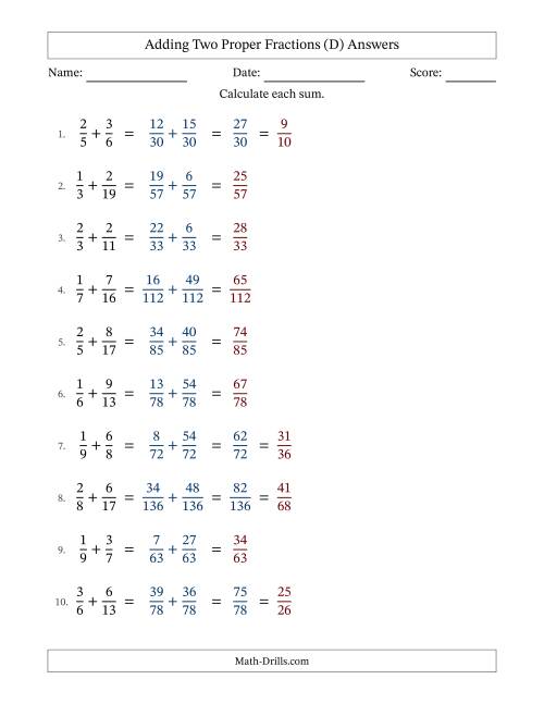 The Adding Two Proper Fractions with Unlike Denominators, Proper Fractions Results and Some Simplifying (Fillable) (D) Math Worksheet Page 2