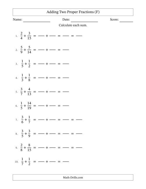 The Adding Two Proper Fractions with Unlike Denominators, Proper Fractions Results and Some Simplifying (Fillable) (F) Math Worksheet