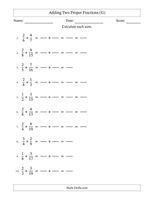 The Adding Two Proper Fractions with Unlike Denominators, Proper Fractions Results and Some Simplifying (Fillable) (G) Math Worksheet