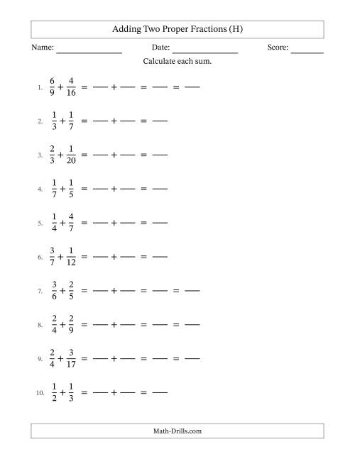 The Adding Two Proper Fractions with Unlike Denominators, Proper Fractions Results and Some Simplifying (Fillable) (H) Math Worksheet