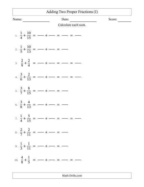 The Adding Two Proper Fractions with Unlike Denominators, Proper Fractions Results and Some Simplifying (Fillable) (I) Math Worksheet