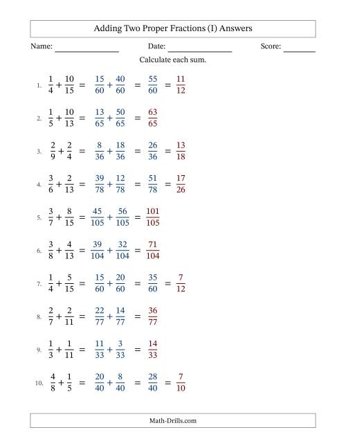 The Adding Two Proper Fractions with Unlike Denominators, Proper Fractions Results and Some Simplifying (Fillable) (I) Math Worksheet Page 2