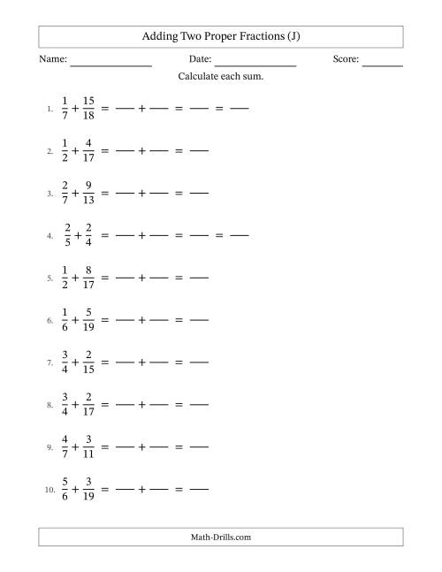 The Adding Two Proper Fractions with Unlike Denominators, Proper Fractions Results and Some Simplifying (Fillable) (J) Math Worksheet