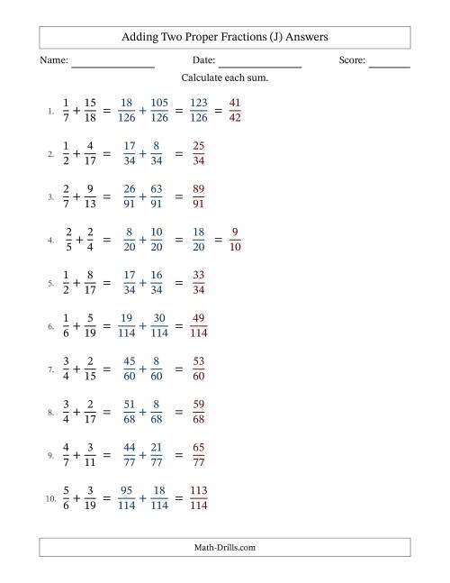 The Adding Two Proper Fractions with Unlike Denominators, Proper Fractions Results and Some Simplifying (Fillable) (J) Math Worksheet Page 2