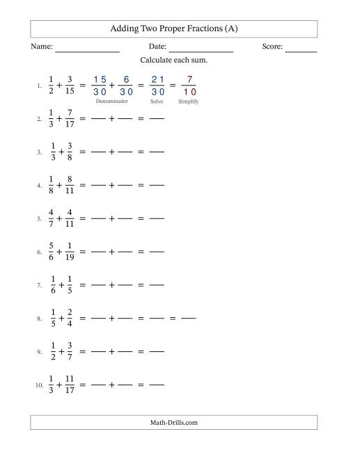 The Adding Two Proper Fractions with Unlike Denominators, Proper Fractions Results and Some Simplifying (Fillable) (All) Math Worksheet