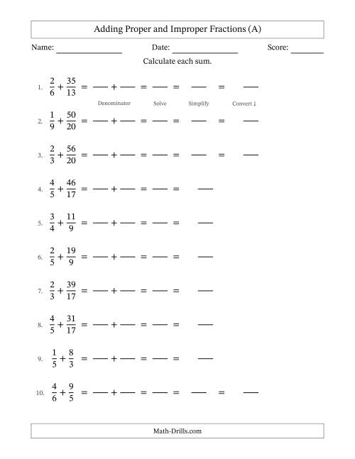 The Adding Proper and Improper Fractions with Unlike Denominators, Mixed Fractions Results and Some Simplifying (Fillable) (A) Math Worksheet