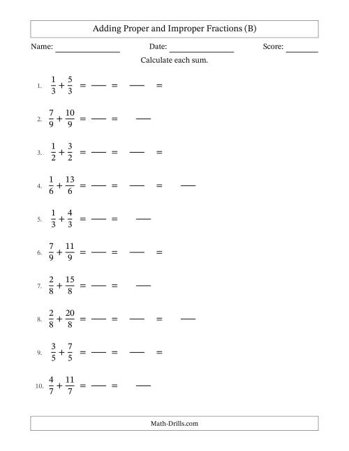 The Adding Proper and Improper Fractions with Equal Denominators, Mixed Fractions Results and Some Simplifying (Fillable) (B) Math Worksheet