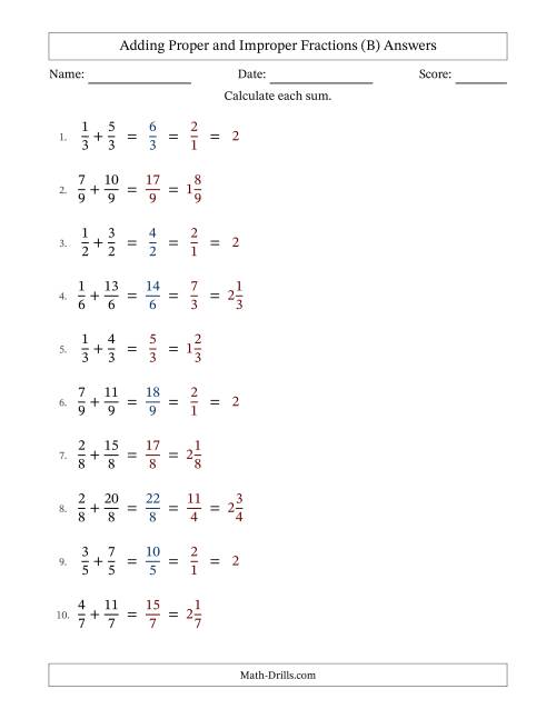 The Adding Proper and Improper Fractions with Equal Denominators, Mixed Fractions Results and Some Simplifying (Fillable) (B) Math Worksheet Page 2