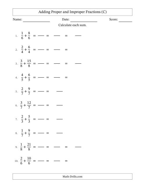 The Adding Proper and Improper Fractions with Equal Denominators, Mixed Fractions Results and Some Simplifying (Fillable) (C) Math Worksheet