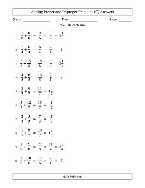 The Adding Proper and Improper Fractions with Equal Denominators, Mixed Fractions Results and Some Simplifying (Fillable) (C) Math Worksheet Page 2