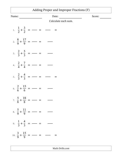 The Adding Proper and Improper Fractions with Equal Denominators, Mixed Fractions Results and Some Simplifying (Fillable) (F) Math Worksheet