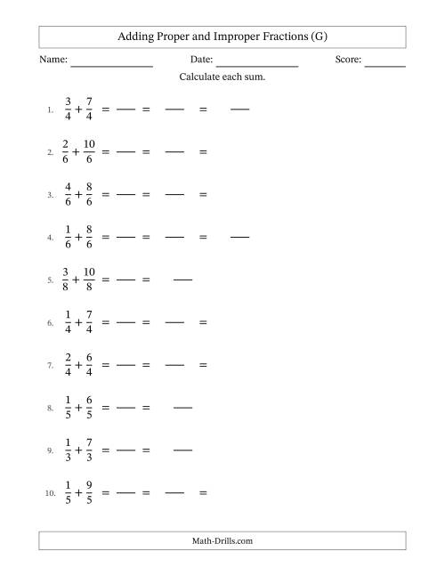 The Adding Proper and Improper Fractions with Equal Denominators, Mixed Fractions Results and Some Simplifying (Fillable) (G) Math Worksheet