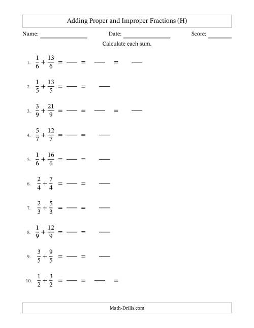 The Adding Proper and Improper Fractions with Equal Denominators, Mixed Fractions Results and Some Simplifying (Fillable) (H) Math Worksheet