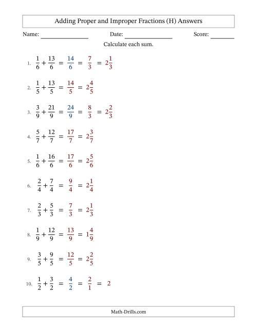 The Adding Proper and Improper Fractions with Equal Denominators, Mixed Fractions Results and Some Simplifying (Fillable) (H) Math Worksheet Page 2
