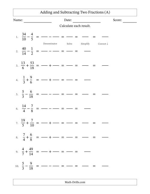 The Adding and Subtracting Proper and Improper Fractions with Similar Denominators, Mixed Fractions Results and Some Simplifying (Fillable) (A) Math Worksheet