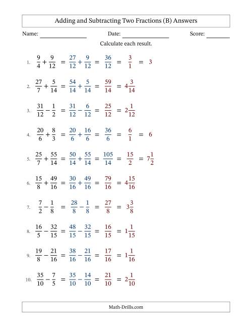 The Adding and Subtracting Proper and Improper Fractions with Similar Denominators, Mixed Fractions Results and Some Simplifying (Fillable) (B) Math Worksheet Page 2