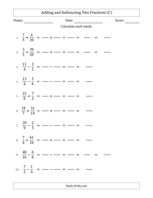 The Adding and Subtracting Proper and Improper Fractions with Similar Denominators, Mixed Fractions Results and Some Simplifying (Fillable) (C) Math Worksheet
