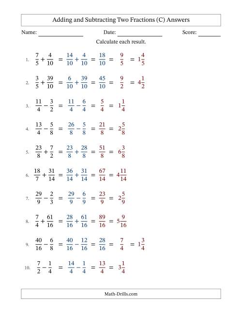 The Adding and Subtracting Proper and Improper Fractions with Similar Denominators, Mixed Fractions Results and Some Simplifying (Fillable) (C) Math Worksheet Page 2