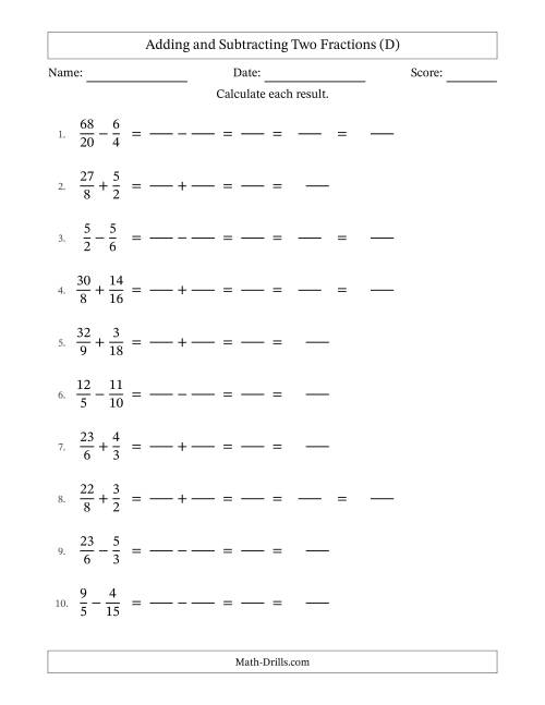 The Adding and Subtracting Proper and Improper Fractions with Similar Denominators, Mixed Fractions Results and Some Simplifying (Fillable) (D) Math Worksheet