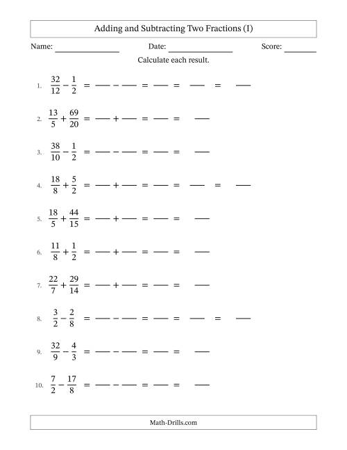 The Adding and Subtracting Proper and Improper Fractions with Similar Denominators, Mixed Fractions Results and Some Simplifying (Fillable) (I) Math Worksheet
