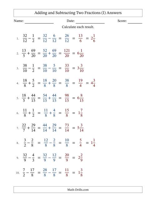 The Adding and Subtracting Proper and Improper Fractions with Similar Denominators, Mixed Fractions Results and Some Simplifying (Fillable) (I) Math Worksheet Page 2