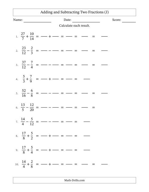The Adding and Subtracting Proper and Improper Fractions with Similar Denominators, Mixed Fractions Results and Some Simplifying (Fillable) (J) Math Worksheet