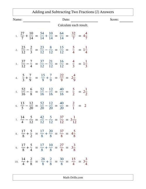 The Adding and Subtracting Proper and Improper Fractions with Similar Denominators, Mixed Fractions Results and Some Simplifying (Fillable) (J) Math Worksheet Page 2