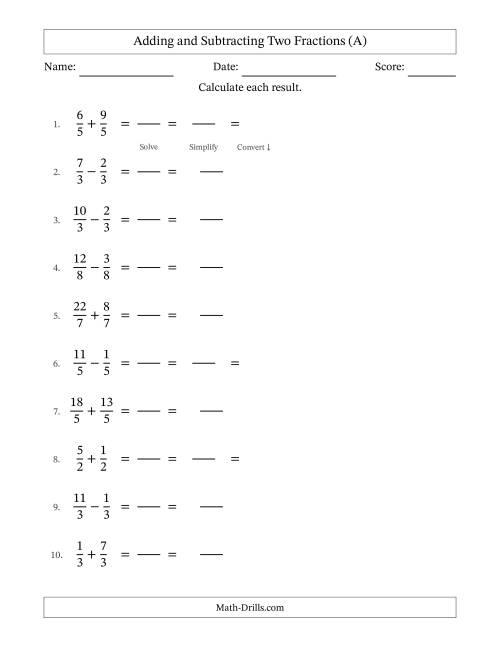 The Adding and Subtracting Proper and Improper Fractions with Equal Denominators, Mixed Fractions Results and Some Simplifying (Fillable) (A) Math Worksheet