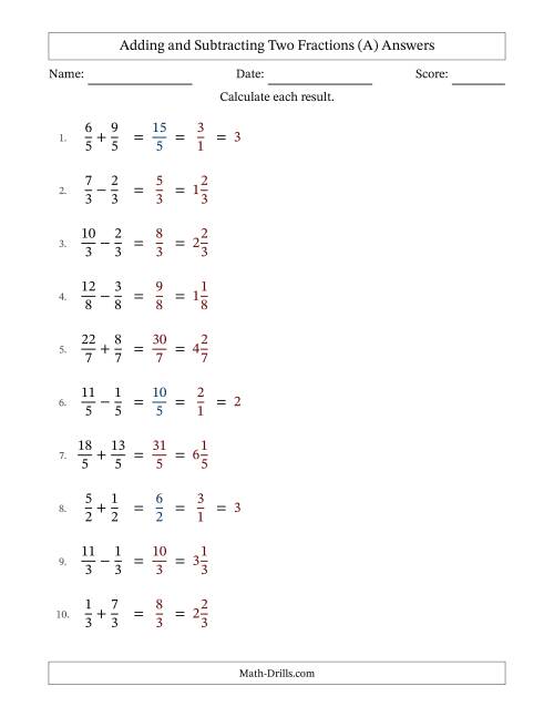 The Adding and Subtracting Proper and Improper Fractions with Equal Denominators, Mixed Fractions Results and Some Simplifying (Fillable) (A) Math Worksheet Page 2