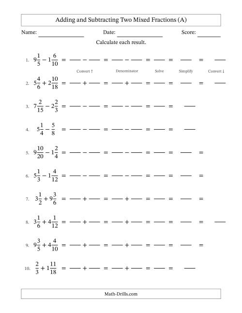 The Adding and Subtracting Two Mixed Fractions with Similar Denominators, Mixed Fractions Results and Some Simplifying (Fillable) (A) Math Worksheet