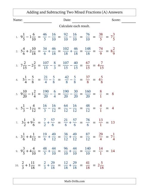 The Adding and Subtracting Two Mixed Fractions with Similar Denominators, Mixed Fractions Results and Some Simplifying (Fillable) (A) Math Worksheet Page 2